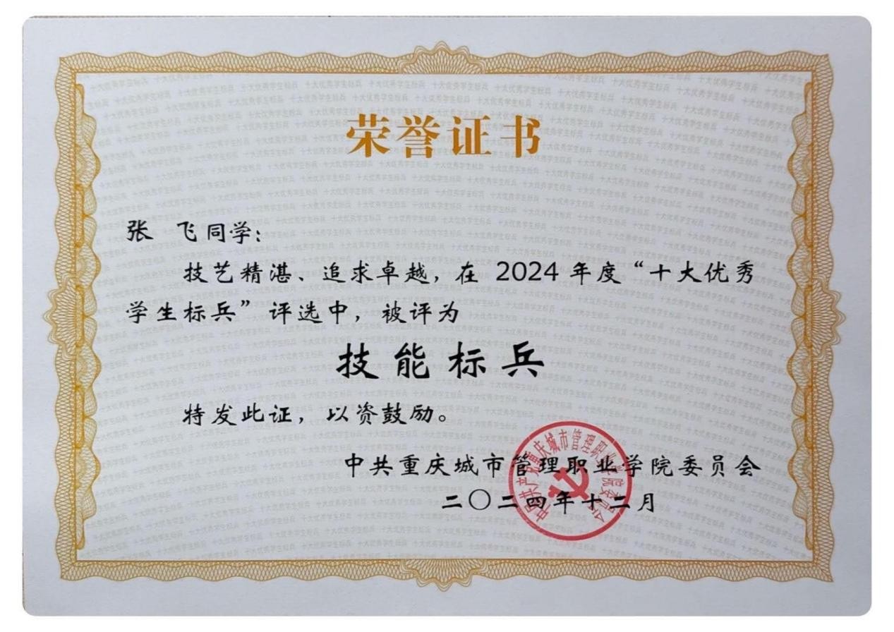 被评为校级十大优秀学生标兵—技能标兵